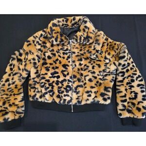 Girl's M (11/12) Women's S Gold Yellow Black Cheetah Print Faux Fur Jacket